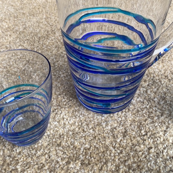 Pier 1 Glass two-tone blue glass pitcher with 3 matching glasses - Picture 3 of 11